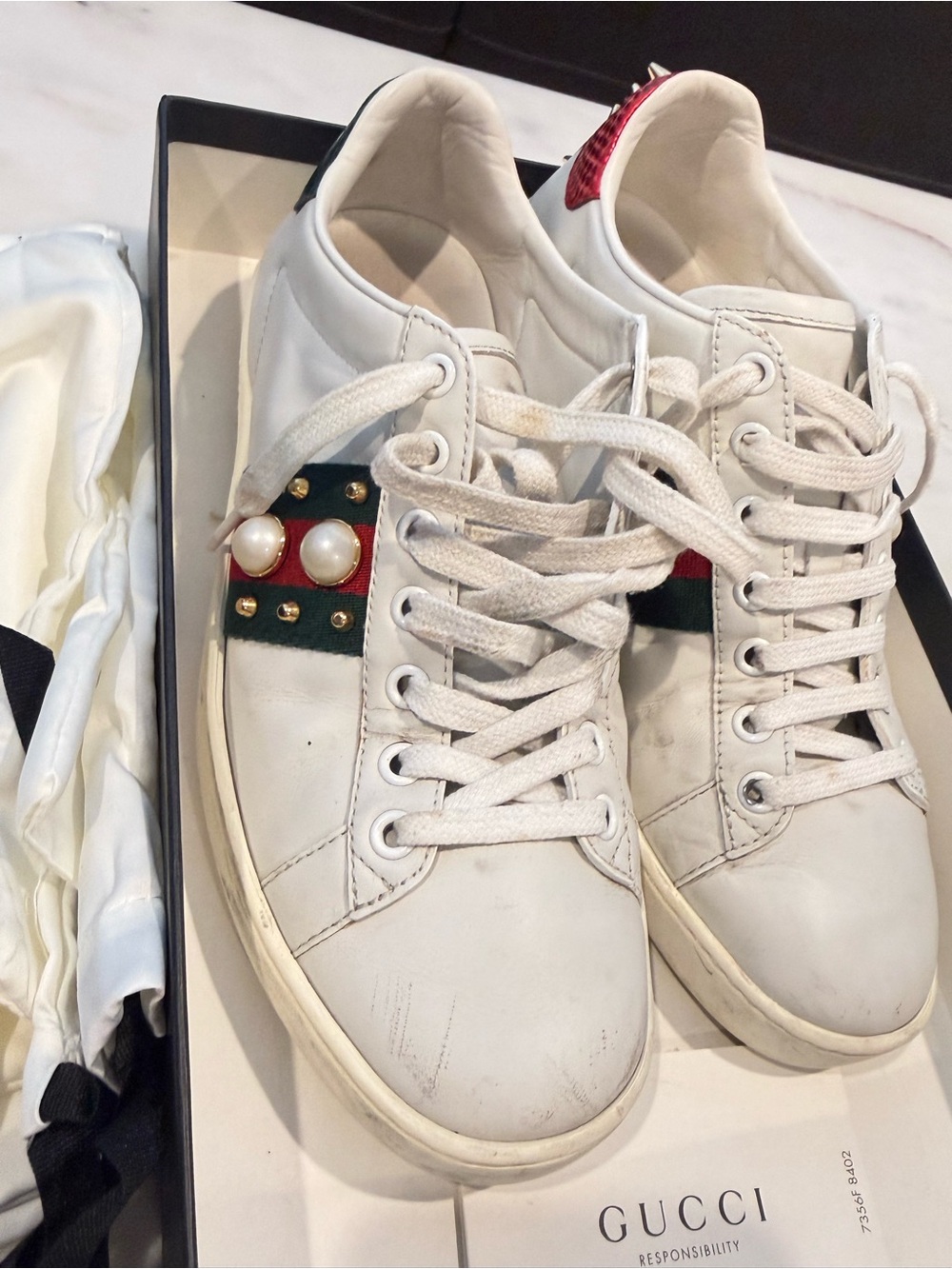Gucci White Leather Sneakers with Red & Green Web and Pearl Studs